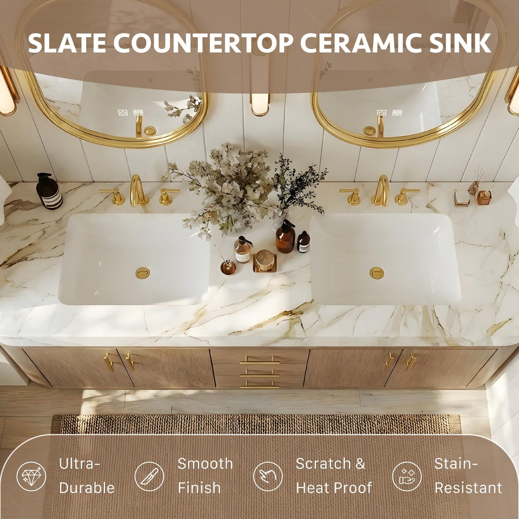 68 Inch Bathroom Vanity with Double Sink, Light Walnut