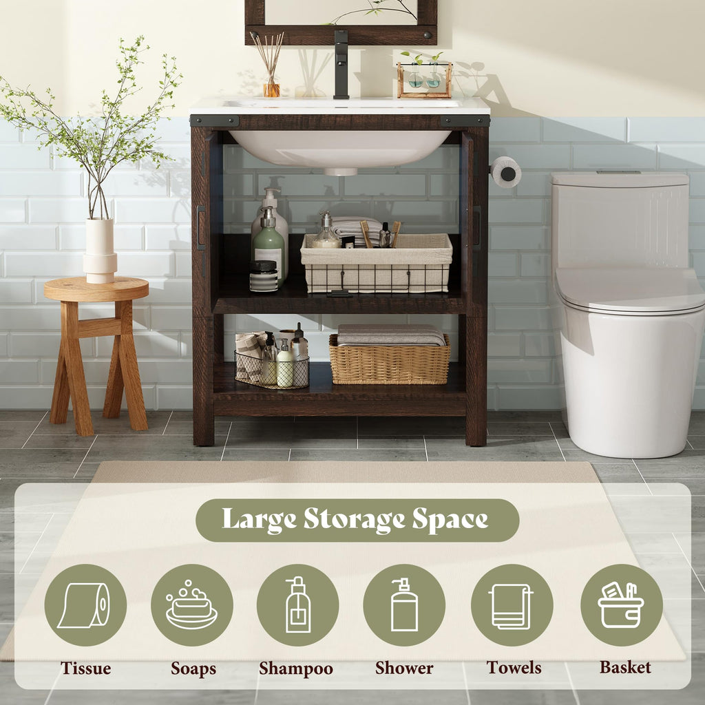 AMERLIFE 48" White Farmhouse Sink Bathroom Vanity, Solid White Top