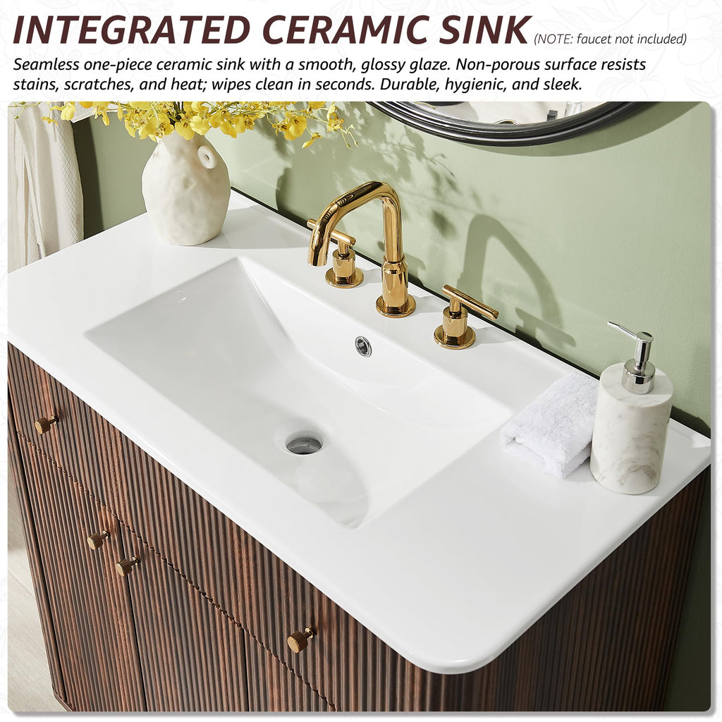 T4TREAM 36" Fluted Bathroom Vanity with Single Sink, Natural Oak
