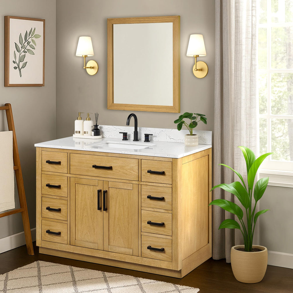 48-inch Dark Walnut Bathroom Vanity with Sink, Solid Wood, 0.79-inch Stone Countertop and Backsplash, 9 Drawers, 2 Soft Closing Doors