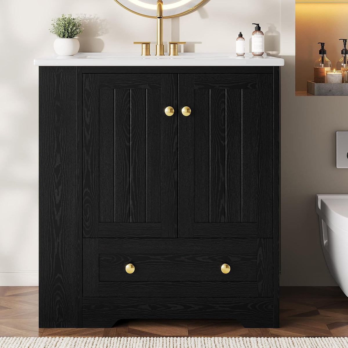 IRONCK Bathroom Vanity with Ceramic Sink, 30" Bathroom Cabinet, Black