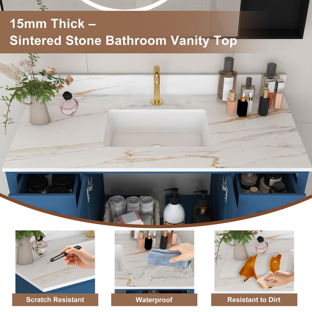 60" Bathroom Vanity Single Sink with 3 Hole, Sink Bathroom Vanity with Solid Wood Frame Storage,Soft Close Double Doors & 9 Sliding Drawers, with Gold Accents