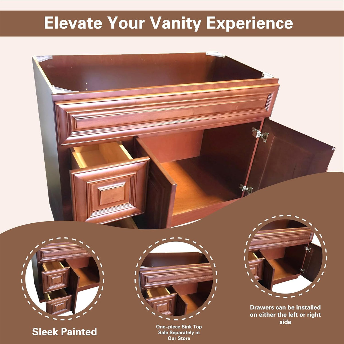 36" Maple Walnut Bathroom Vanity Base â Ready-to-Assemble Sink Cabinet with Drawers, Shaker Style Storage, Base Only, No Top or Sink