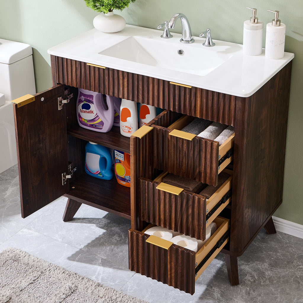 T4TREAM 60" Fluted Bathroom Vanity with Resin Sink Combo, Natural Oak