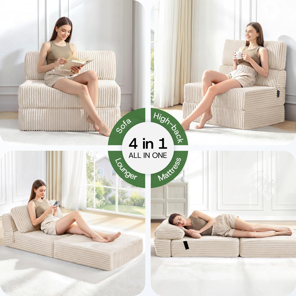 Folding Sofa Bed Convertible 4 in 1 Sleeper Chair Gray Single
