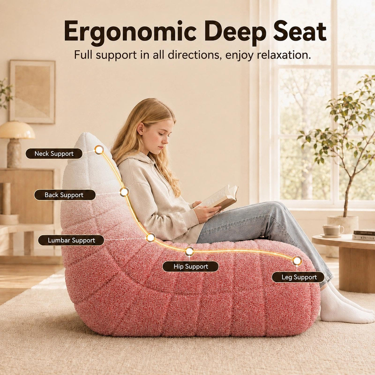 WHGBJA Giant Bean Bag Chair for Adults, Comfy Beanbag with Memory Foam