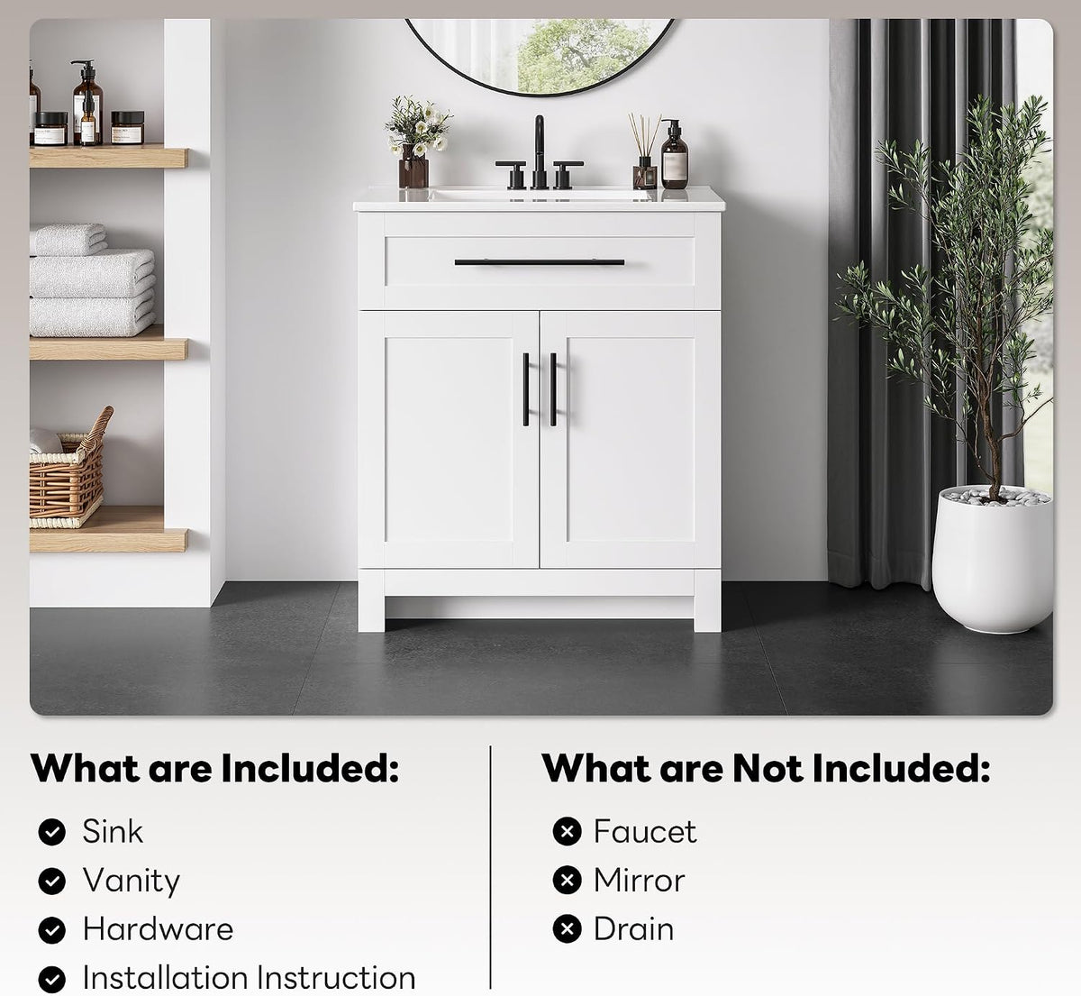LIKIMIO 30" Bathroom Vanity with Sink, 1 U-Shaped Drawer & 2 Doors, White