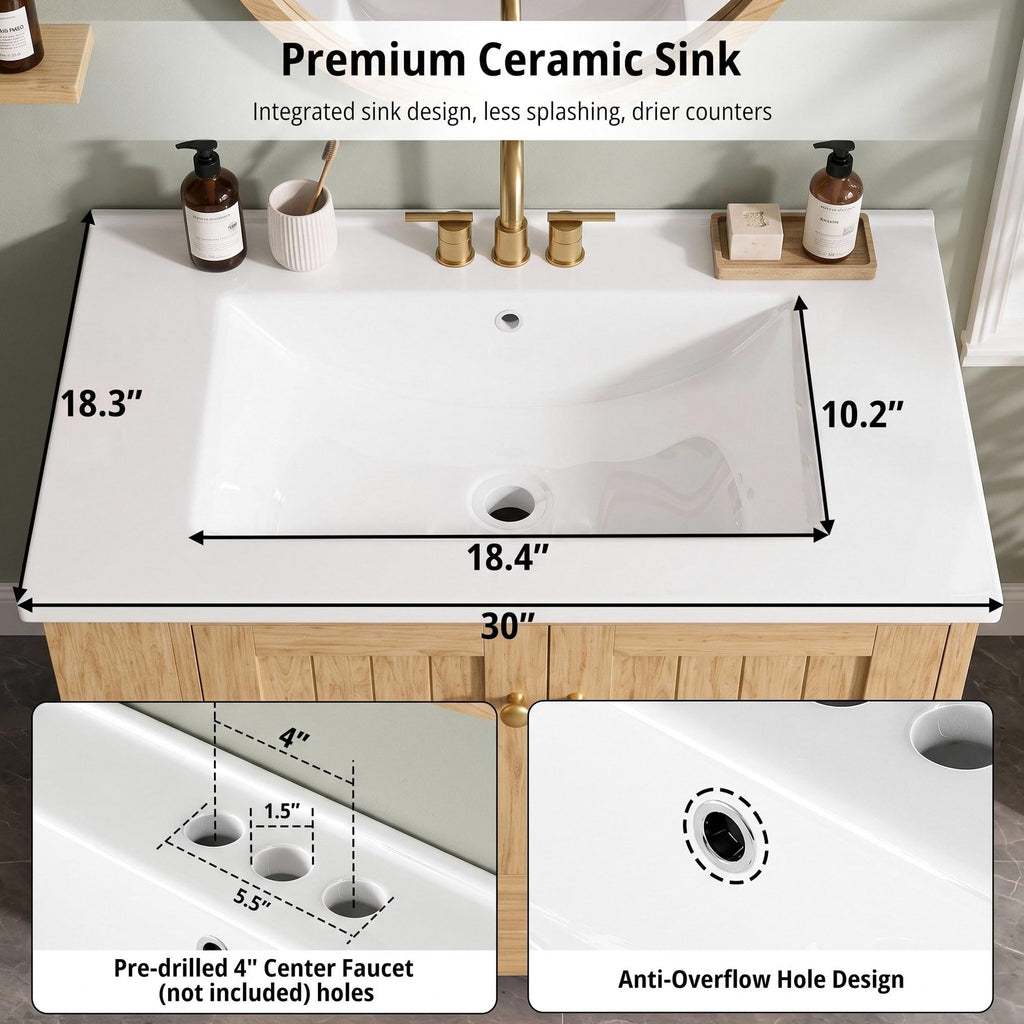 IRONCK Bathroom Vanity with Ceramic Sink, 30" Bathroom Cabinet, Black
