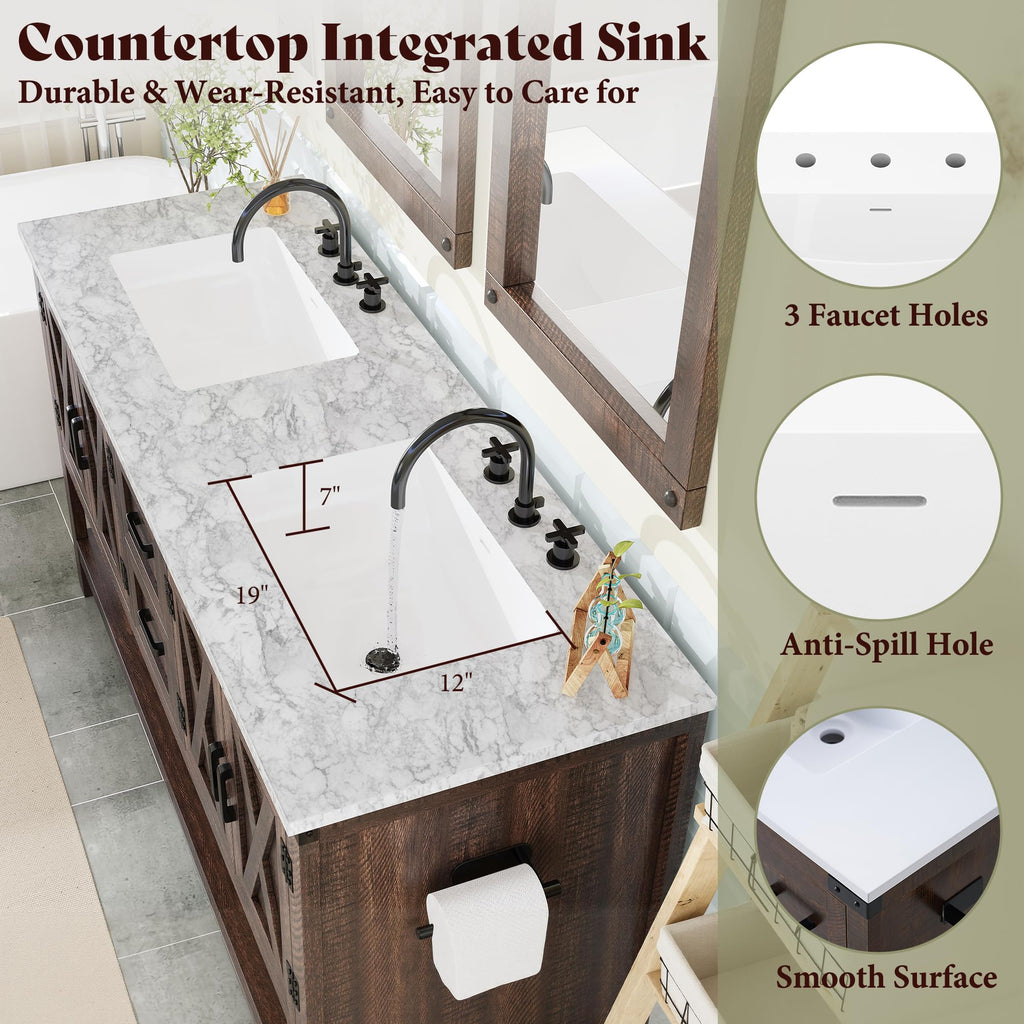 AMERLIFE 48" White Farmhouse Sink Bathroom Vanity, Solid White Top