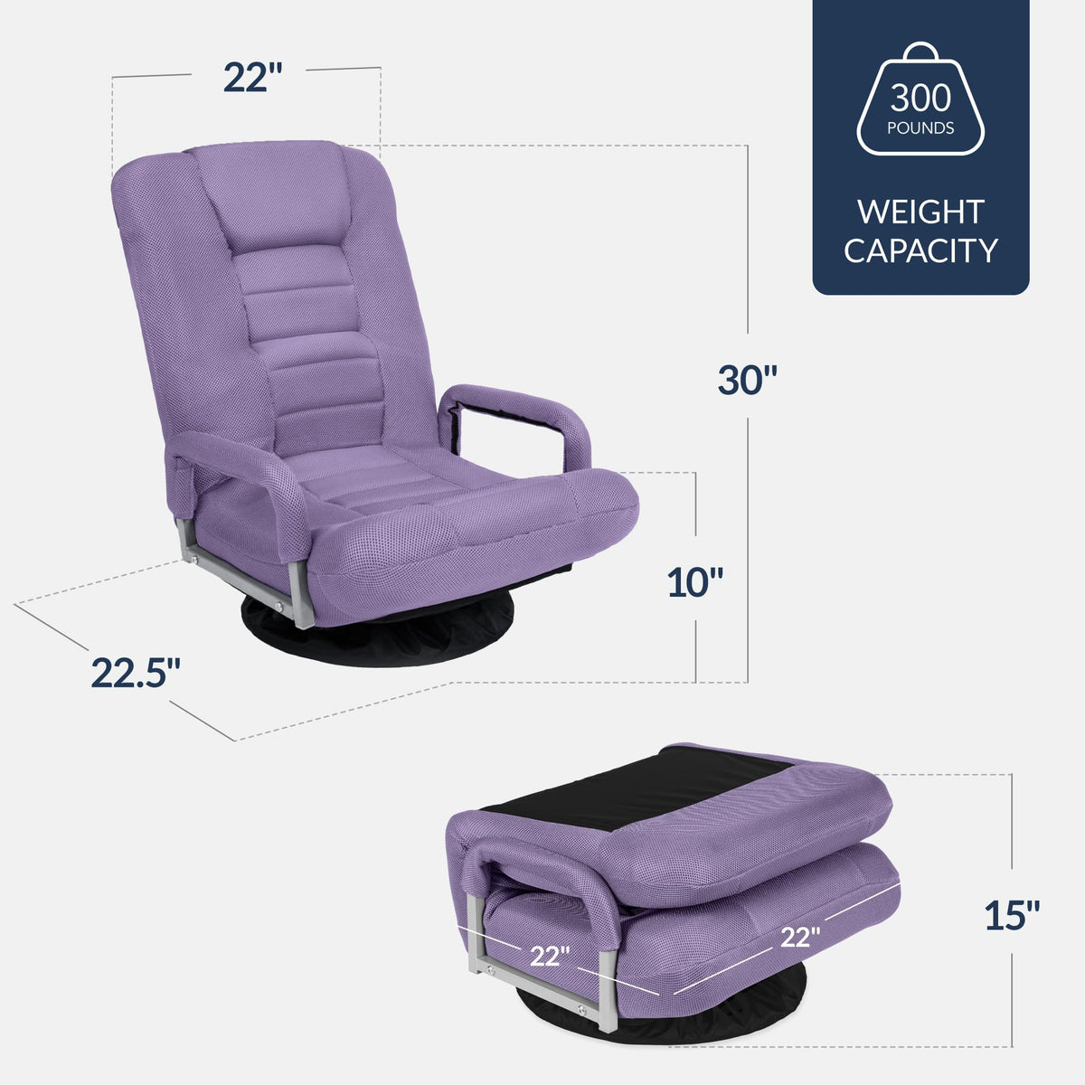 Best Choice Products Swivel Gaming Chair 360 Degree Multipurpose Floor Chair Rocker for TV, Reading, Playing Video Games w/Lumbar Support, Armrest Handles, Adjustable Foldable Backrest - Black/Black