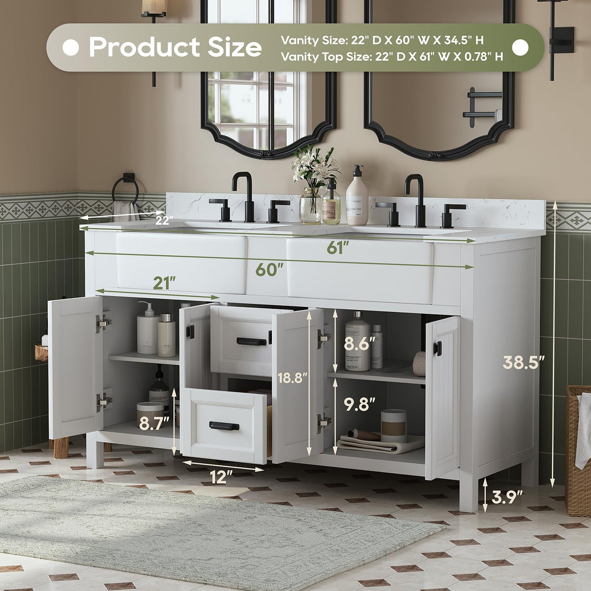 60 Inch Bathroom Vanity Double Sink, Steel Blue