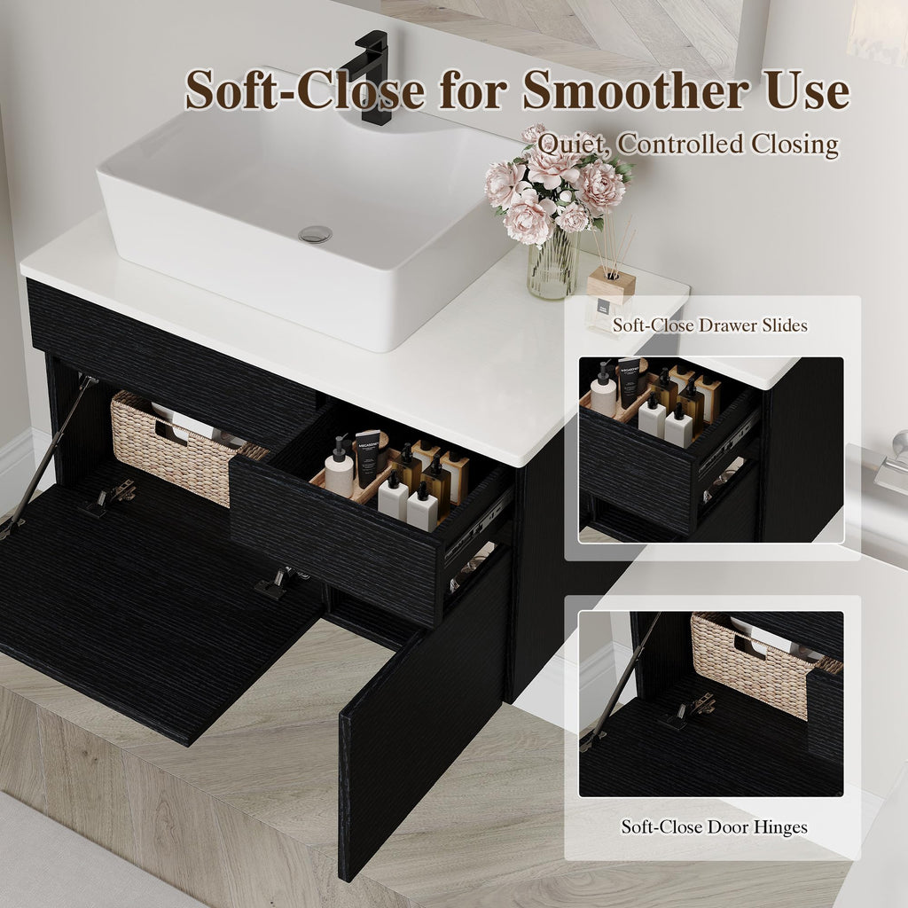 36 Inch Bathroom Vanity with Sink, Black Floating Wall Mounted Vanity