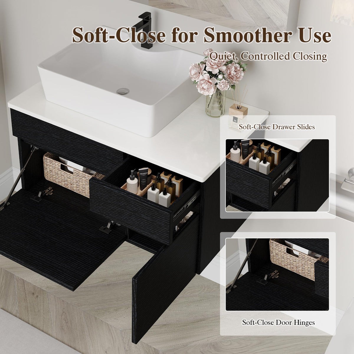 36 Inch Bathroom Vanity with Sink, Black Floating Wall Mounted Vanity