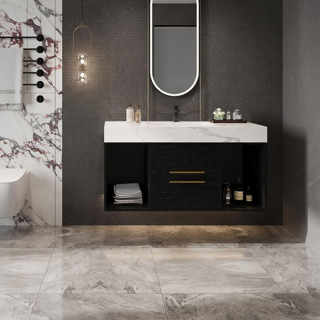 Glintee 40" Floating Bathroom Vanity & Sintered Stone Top, Black