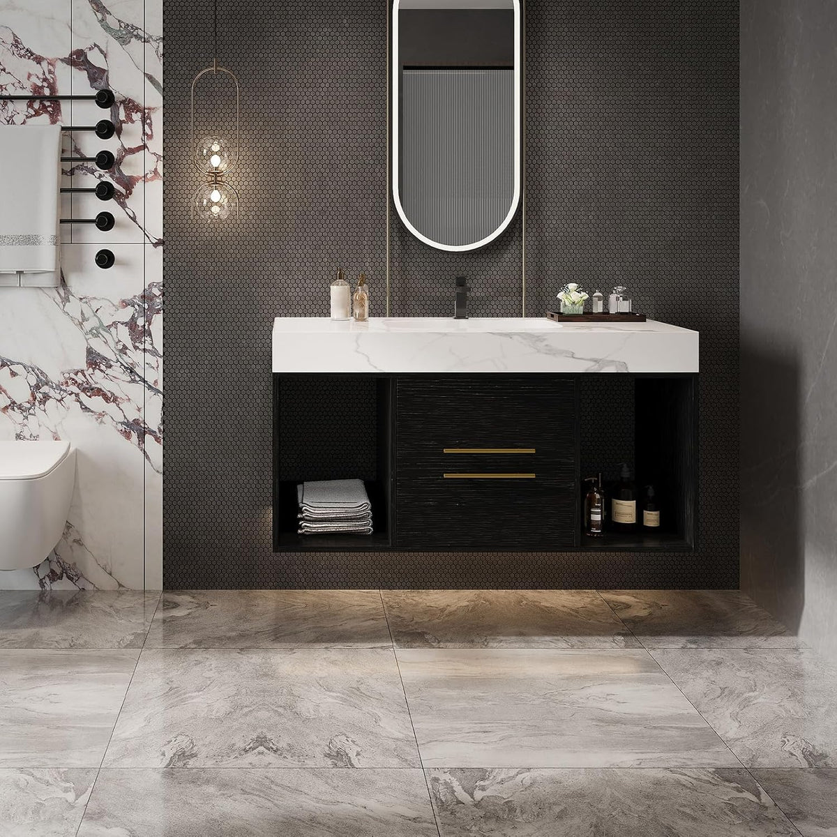 Glintee 40" Floating Bathroom Vanity & Sintered Stone Top, Black
