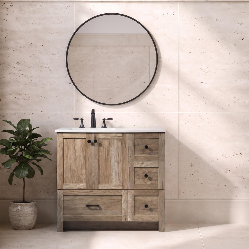 18" Pre-Assembled Bathroom Vanity with Sink, Engineered Wood, Ivory White Engineered Marble Countertop Included, Single Oval Porcelain Sink, 1 Soft-Close Drawers, Expresso