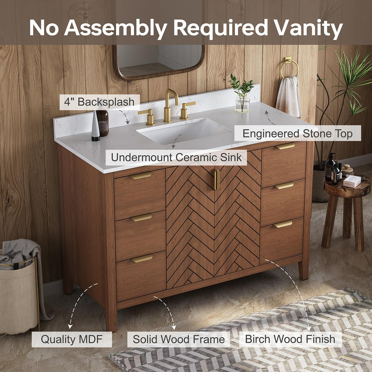 42 Inch Bathroom Vanity with Sink, Pre Assembled, White