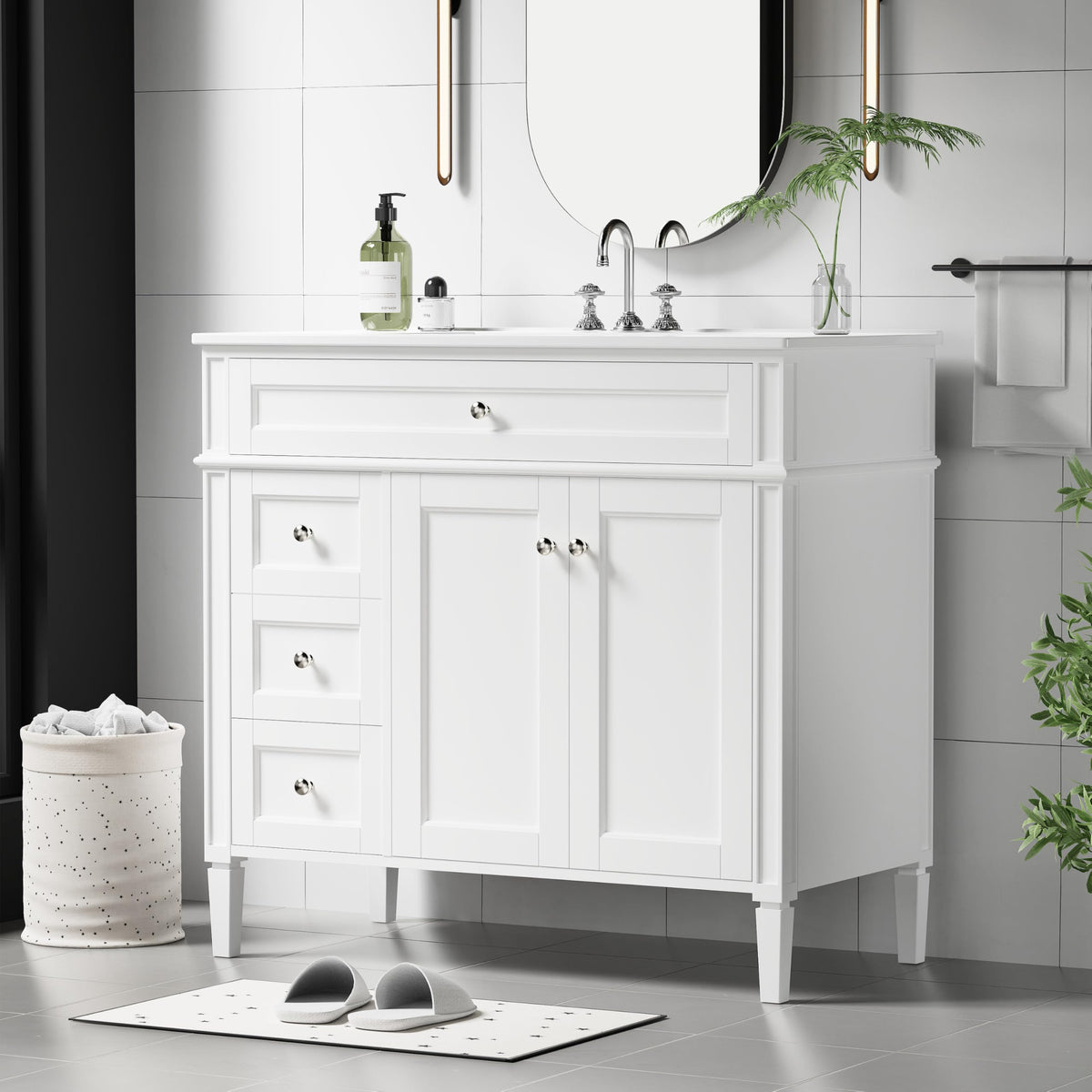 30" Bathroom Vanity with Sink, Solid Wood Frame Modern with Charging Station, Bathroom Single Sink Cabinet with 2 Drawers and 1 Doors, Gold Metal Handles, Black