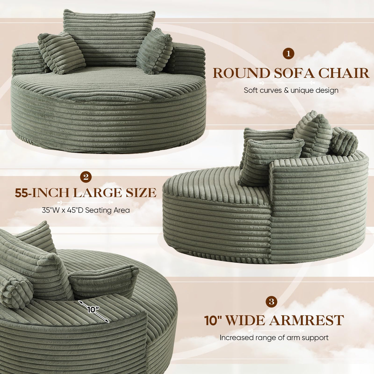 Oversized Round Chaise Longue Chair Indoor, Modern 55-inch Upholstered Corduroy Deep Seat Circle Single Cloud Lounge Floor Sofa Chair for Living Room, Bedroom Apartment, Beige