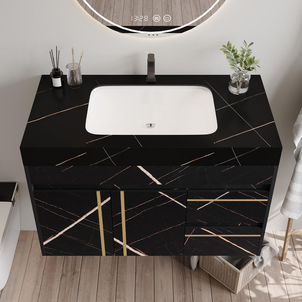 Glintee 40" Floating Bathroom Vanity & Sintered Stone Top, Black