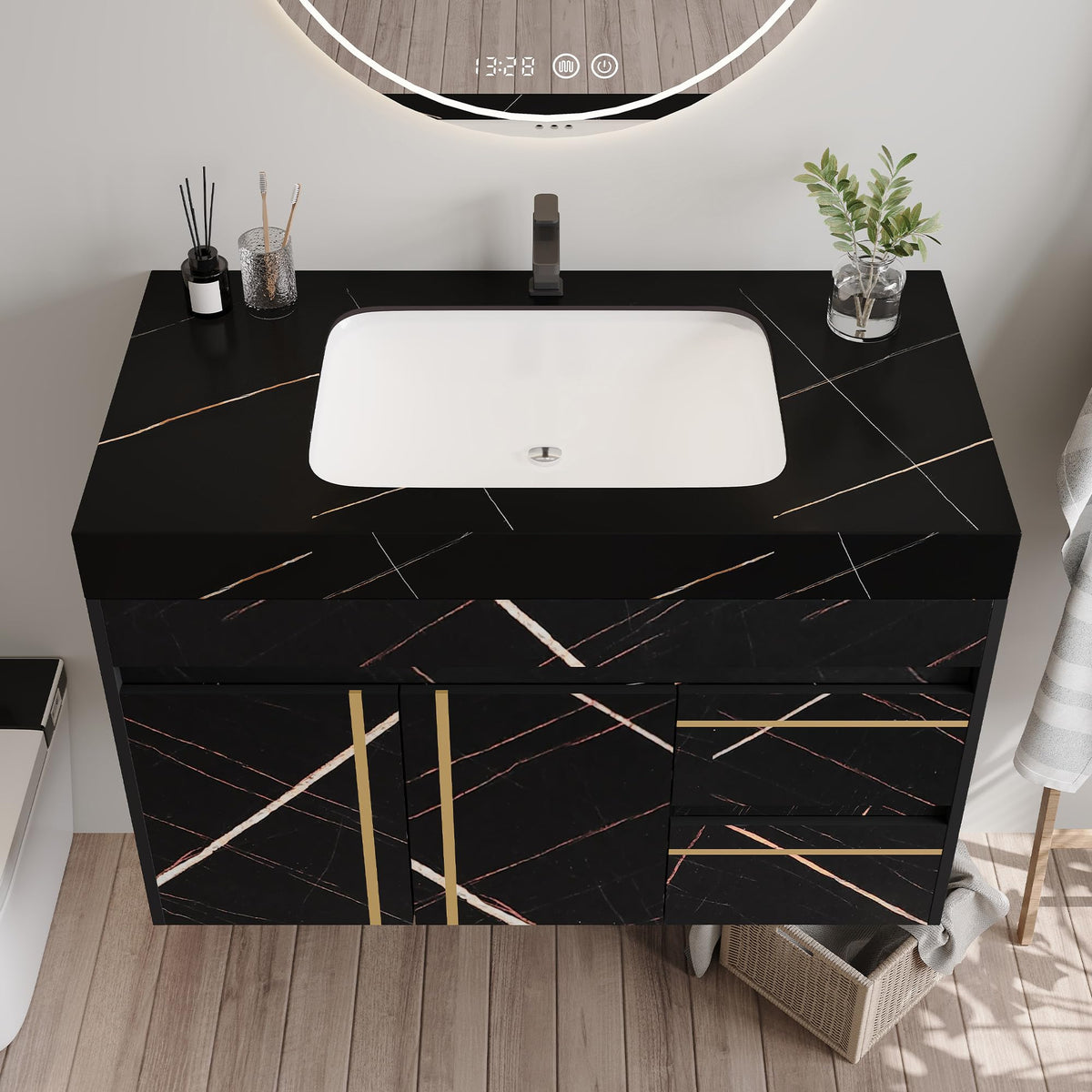 Glintee 40" Floating Bathroom Vanity & Sintered Stone Top, Black