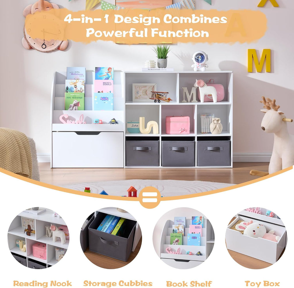 Fatmok Kids Bookshelf and Toy Storage, 2 Pack 58.5ââ Toy Organizer with Movable Chests & 3 Storage Bins, Large Kids Reading Nook with 5 Cubbies for Playroom, Bedroom, Nursery, White