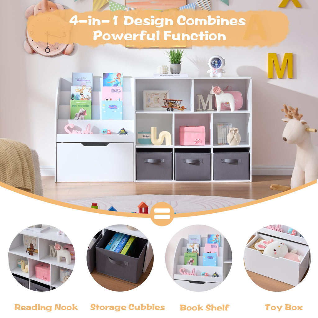 Fatmok Kids Bookshelf and Toy Storage, 2 Pack 58.5ââ Toy Organizer with Movable Chests & 3 Storage Bins, Large Kids Reading Nook with 5 Cubbies for Playroom, Bedroom, Nursery, White