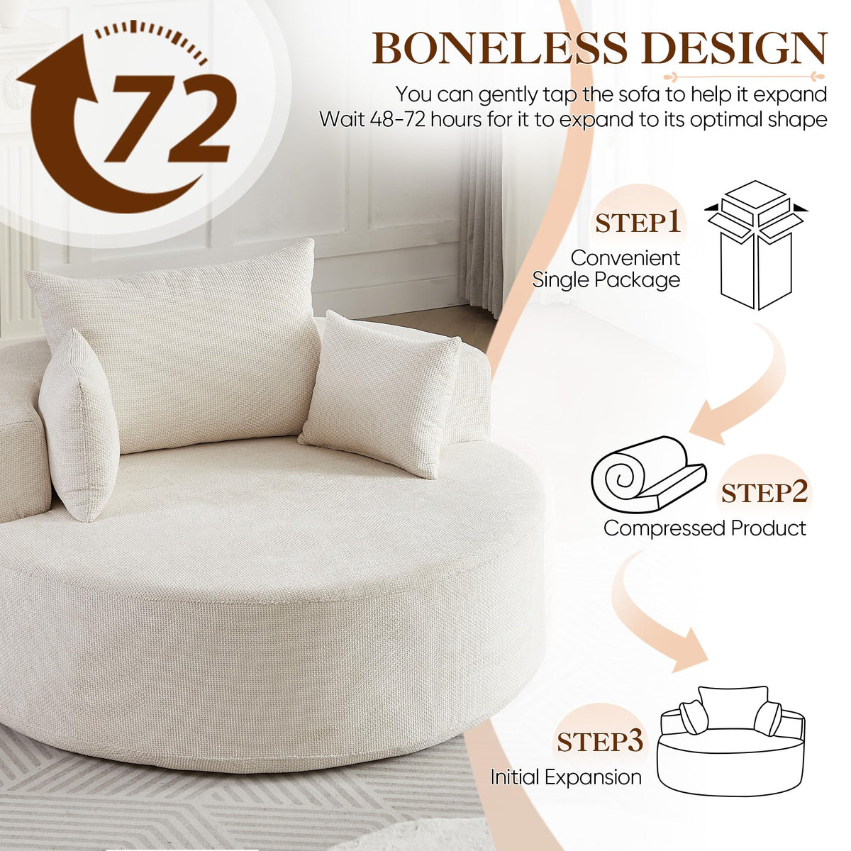 Oversized Round Chaise Longue Chair Indoor, Modern 55-inch Upholstered Corduroy Deep Seat Circle Single Cloud Lounge Floor Sofa Chair for Living Room, Bedroom Apartment, Beige