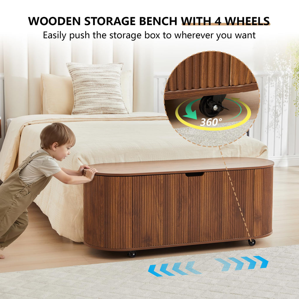 RARZOE 43.3" Fluted Storage Chest, Oval Storage Bench with 4 Wheels,(Green)