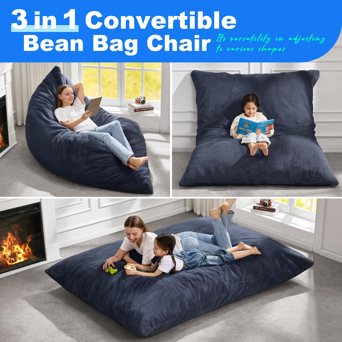 Hobestluk Adult Bean Bag Chair 3 in 1 Convertible Large Bean Bag Sofa