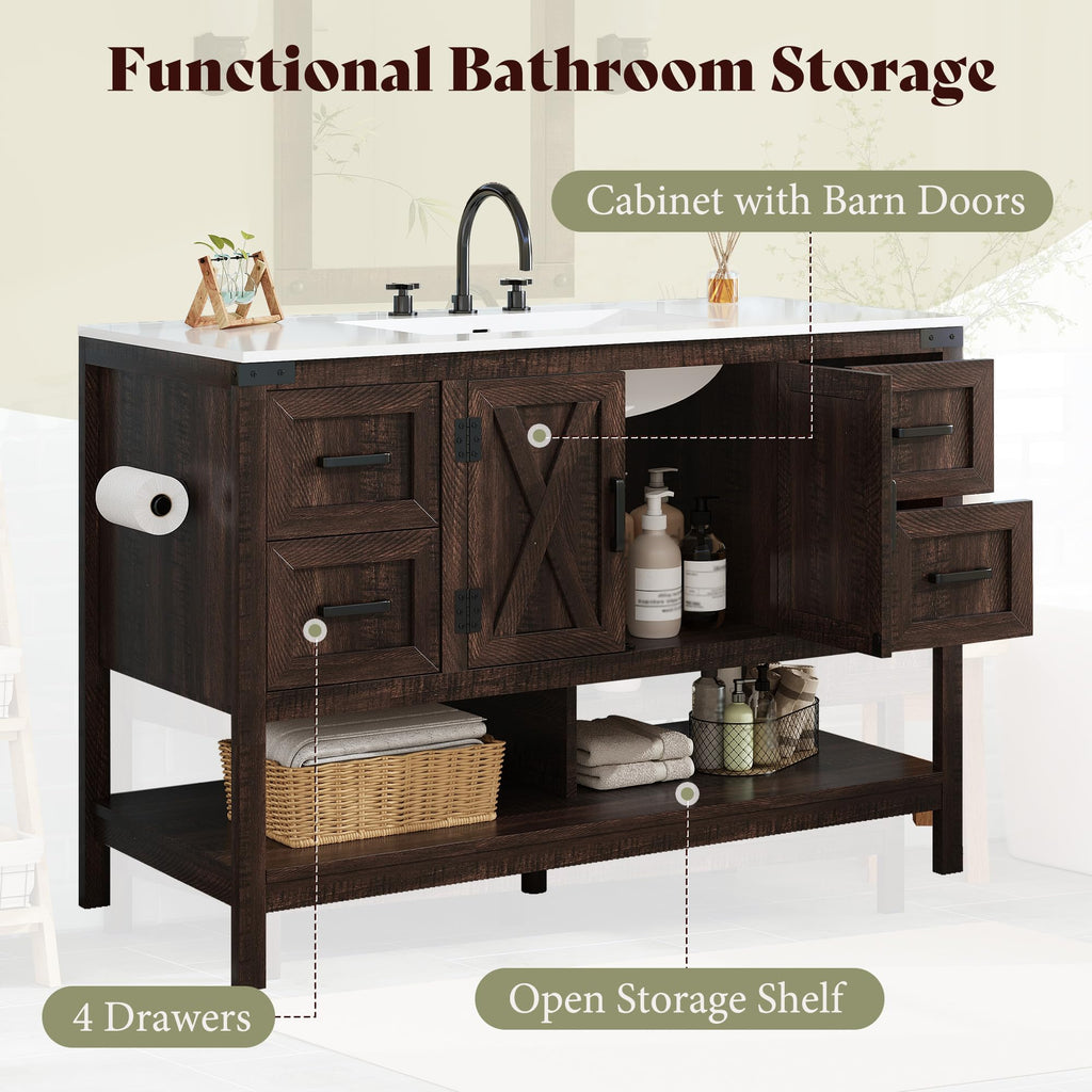 AMERLIFE 48" White Farmhouse Sink Bathroom Vanity, Solid White Top