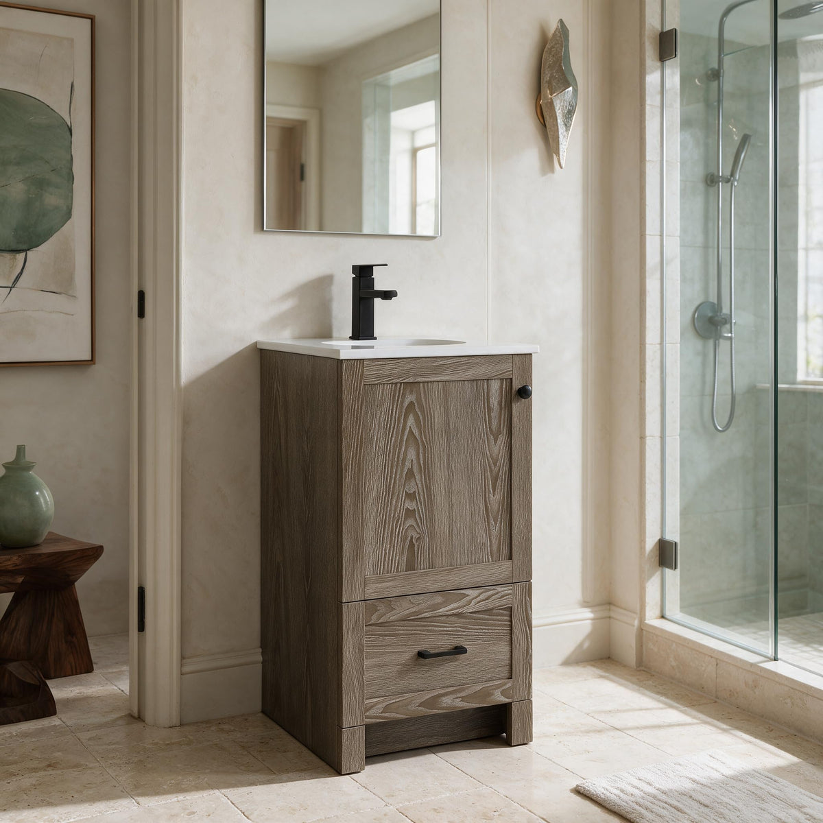 18" Pre-Assembled Bathroom Vanity with Sink, Engineered Wood, Ivory White Engineered Marble Countertop Included, Single Oval Porcelain Sink, 1 Soft-Close Drawers, Expresso