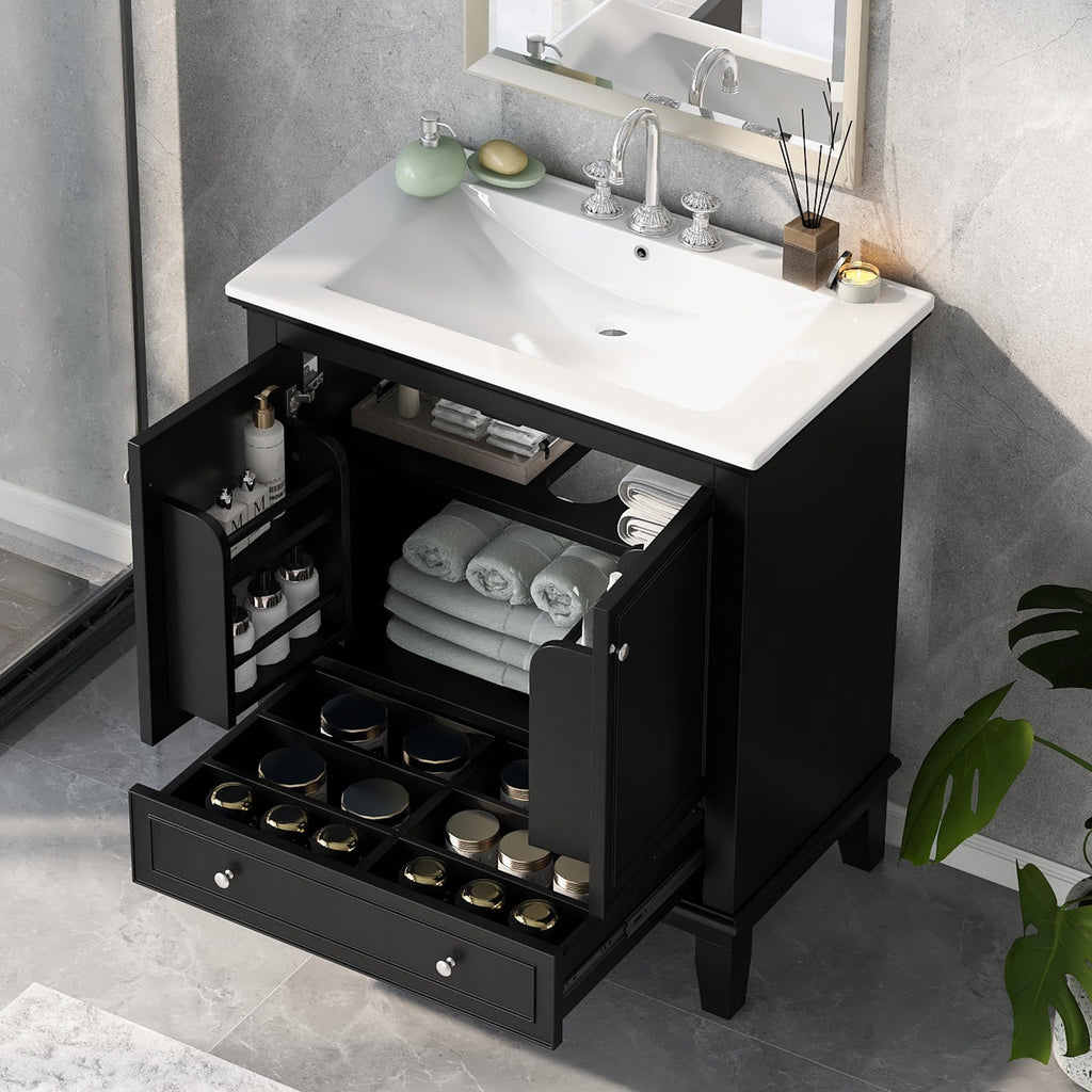 30" Bathroom Vanity Cabinet with Undermount Sink, Storage Rack Shelf, Multi-Functional Drawer Divider, Soft Closing Doors, Black