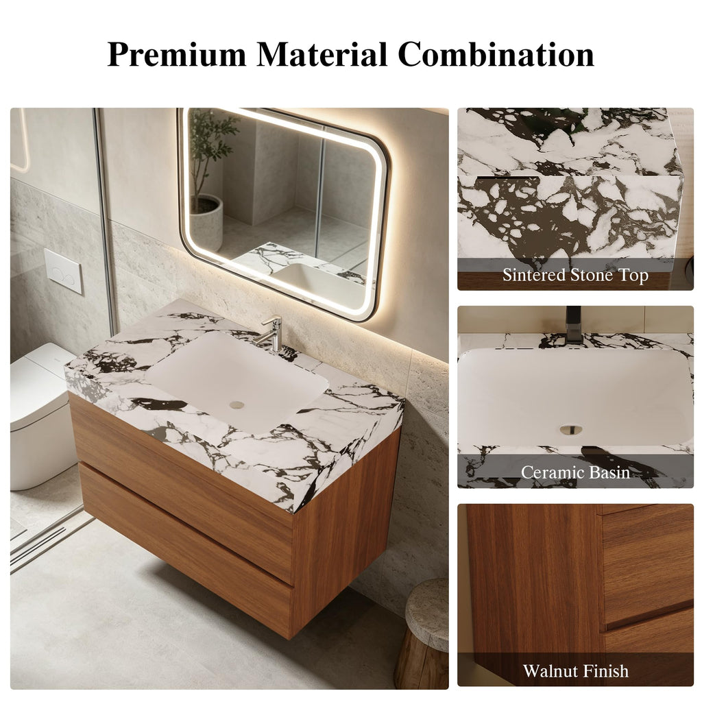 36 Inch Bathroom Vanity with Sink, Black Floating Wall Mounted Vanity
