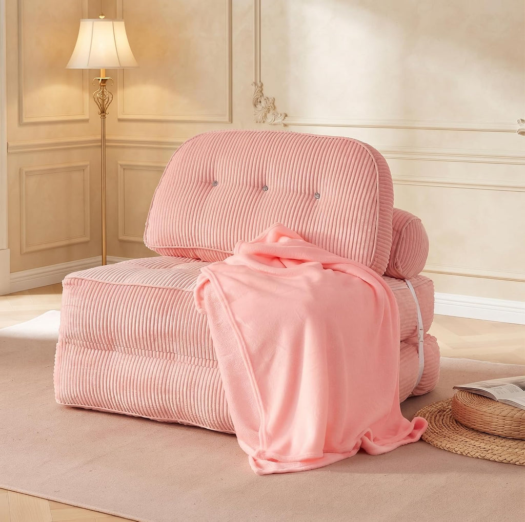 Pink Boneless Chair Bed with Pillow & Blanket, Foldable Sofa Bed
