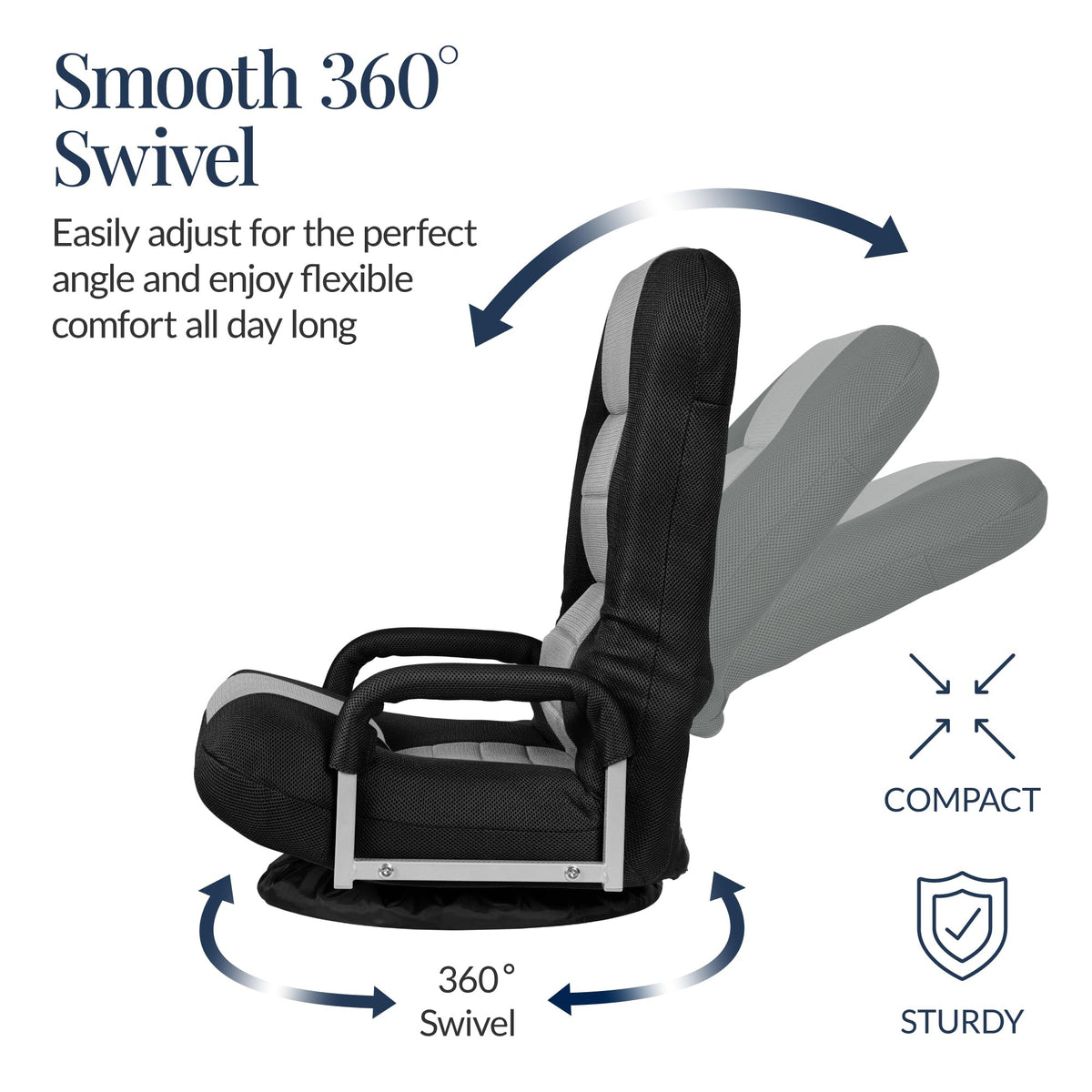 Best Choice Products Swivel Gaming Chair 360 Degree Multipurpose Floor Chair Rocker for TV, Reading, Playing Video Games w/Lumbar Support, Armrest Handles, Adjustable Foldable Backrest - Black/Black