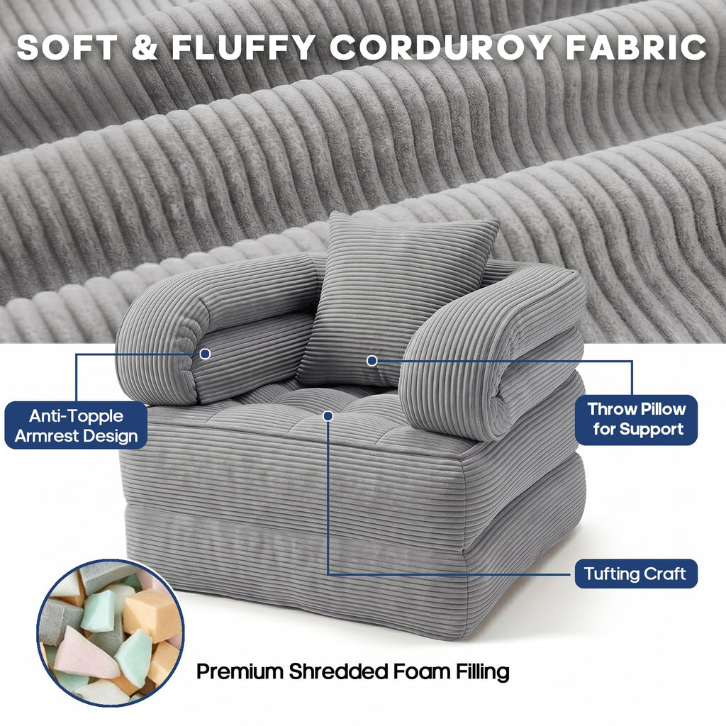 Folding Sofa Bed, Convertible Sleeper Chair with Armrests, Corduroy Foldable Boneless Bed, 3-in-1 Portable Futon Couch Floor Sofa with Pillow for Bedroom, Living Room, Orange