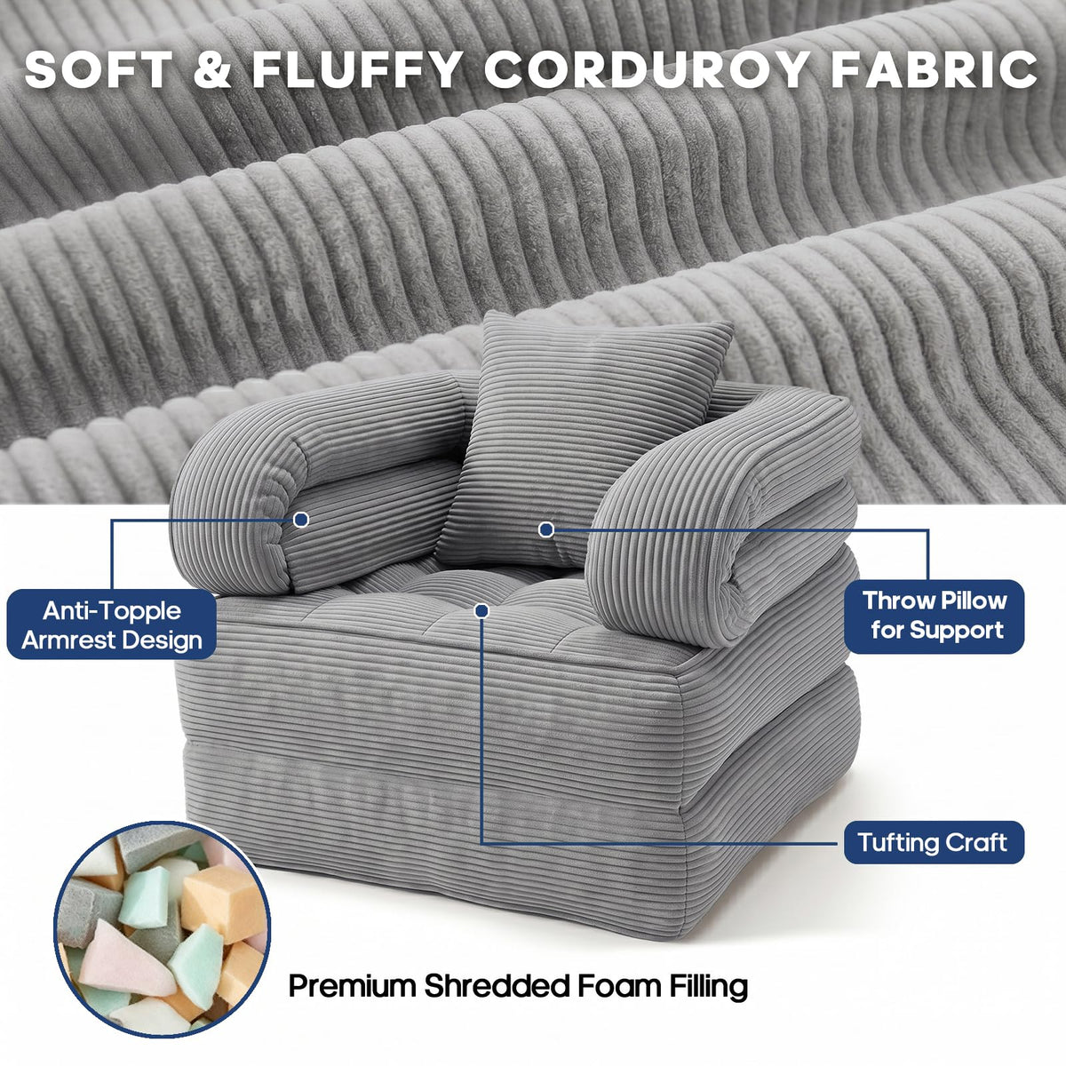 Folding Sofa Bed, Convertible Sleeper Chair with Armrests, Corduroy Foldable Boneless Bed, 3-in-1 Portable Futon Couch Floor Sofa with Pillow for Bedroom, Living Room, Orange
