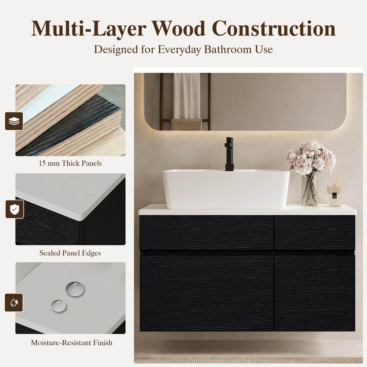 36 Inch Bathroom Vanity with Sink, Black Floating Wall Mounted Vanity