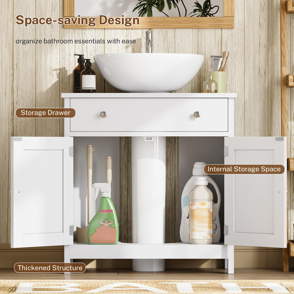 TEENFON Pedestal Sink Storage Cabinet with 2 Doorsand Drawer, Bathroom Sink Cabinet, Under Sink Storage with U-Shape Cut-Out, White