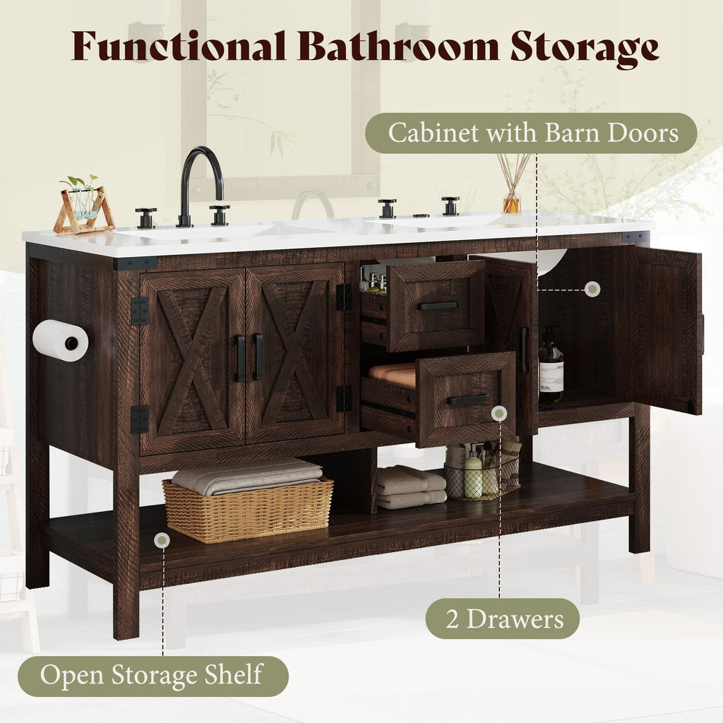 AMERLIFE 48" White Farmhouse Sink Bathroom Vanity, Solid White Top