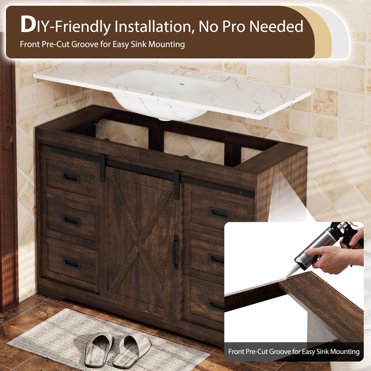 36 Inch Bathroom Vanity with Sink, Saw Cut Brown