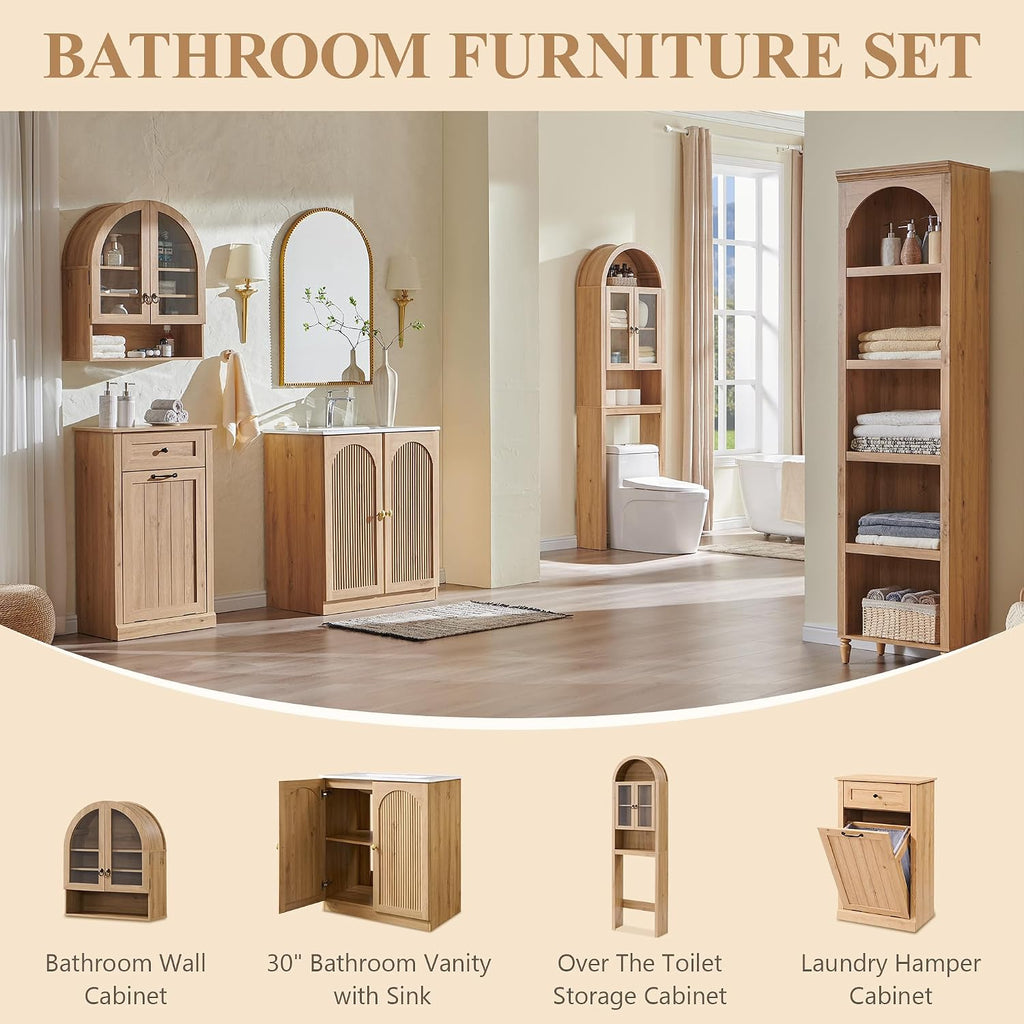IFGET 30 Inch Bathroom Vanity with Sink, Arched Fluted Design, Natural Oak