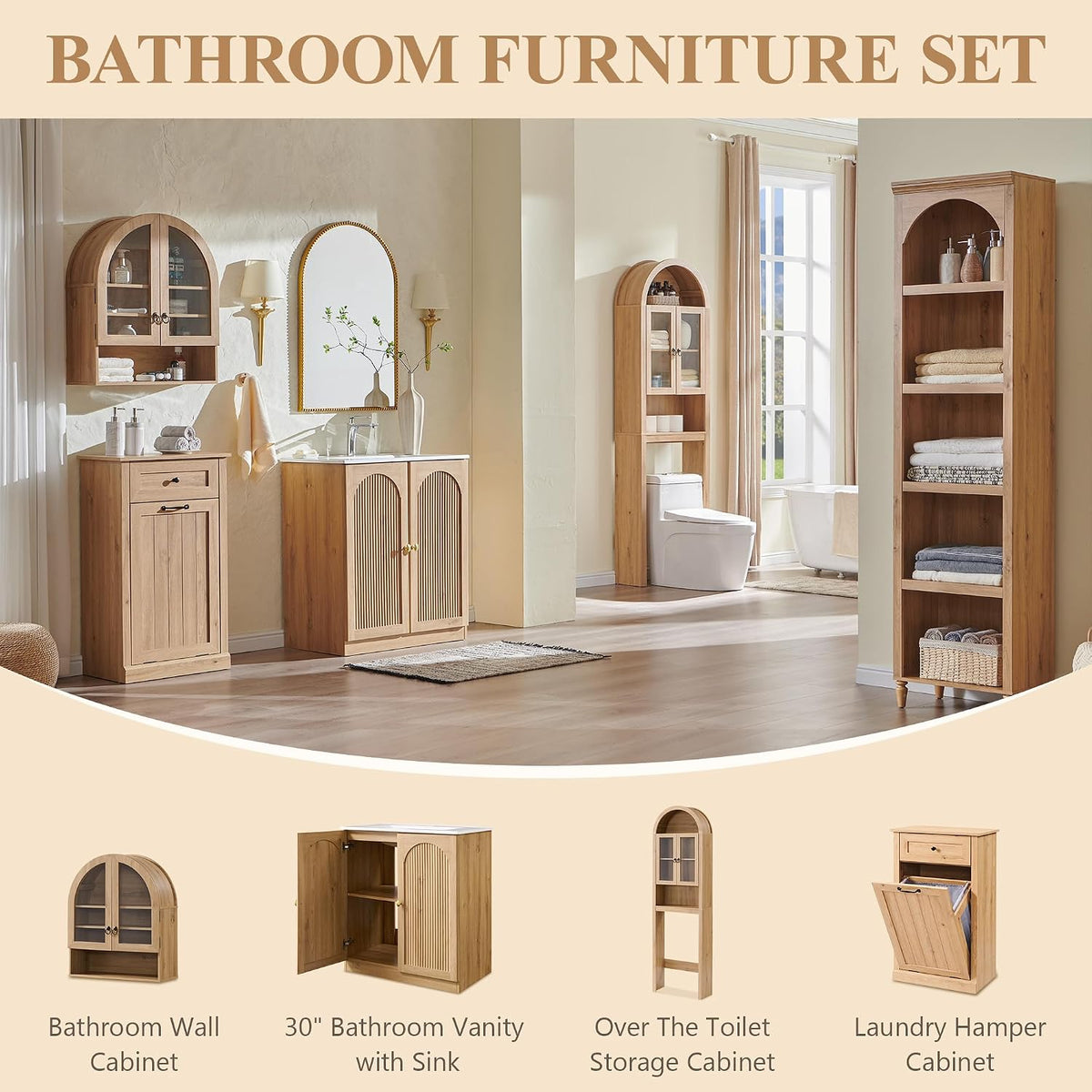 IFGET 30 Inch Bathroom Vanity with Sink, Arched Fluted Design, Natural Oak