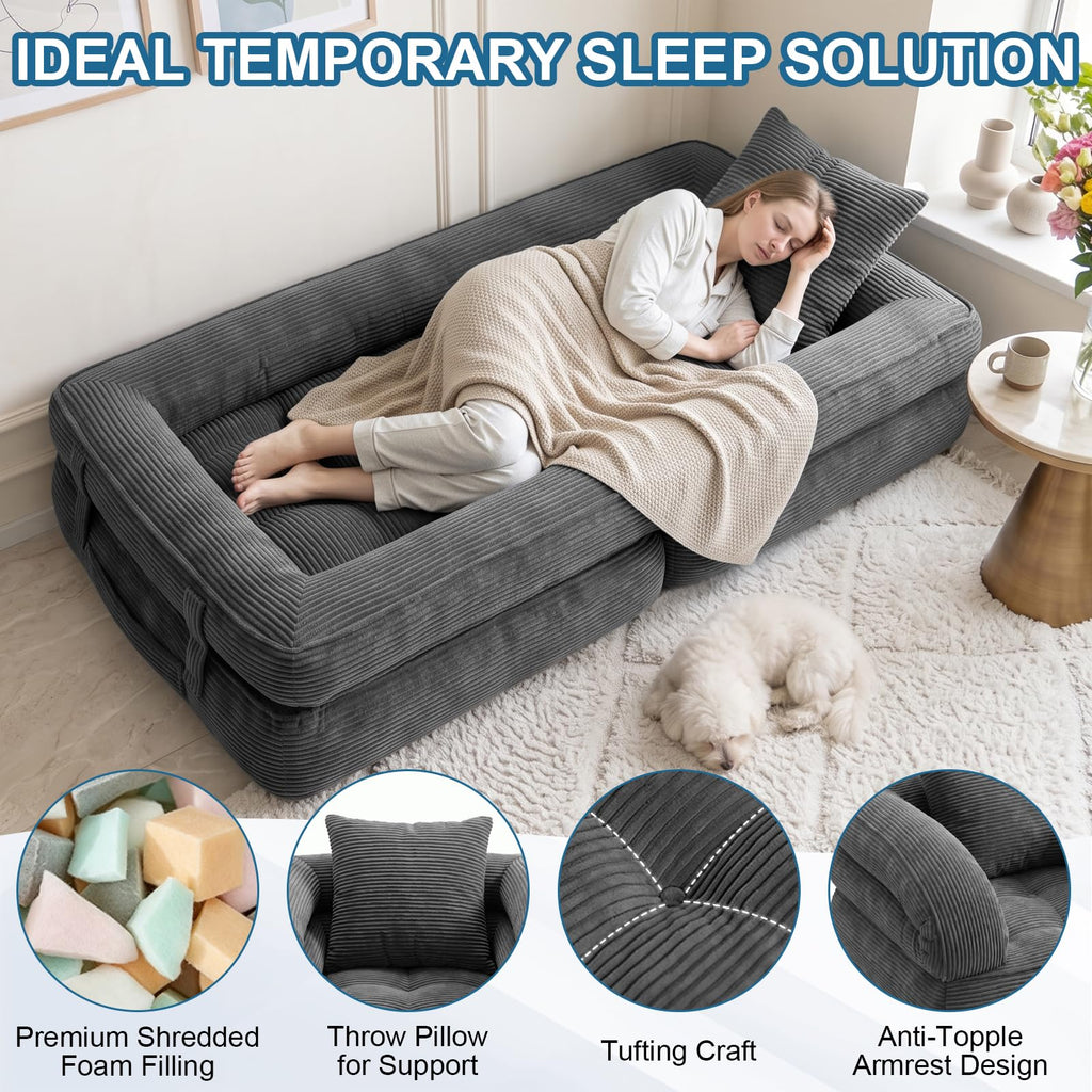 Folding Sofa Bed, Convertible Sleeper Chair with Armrests, Corduroy Foldable Boneless Bed, 3-in-1 Portable Futon Couch Floor Sofa with Pillow for Bedroom, Living Room, Orange