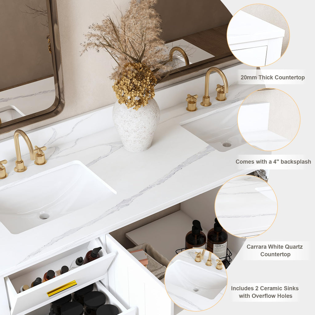 60" Bathroom Vanity Single Sink with 3 Hole, Sink Bathroom Vanity with Solid Wood Frame Storage,Soft Close Double Doors & 9 Sliding Drawers, with Gold Accents