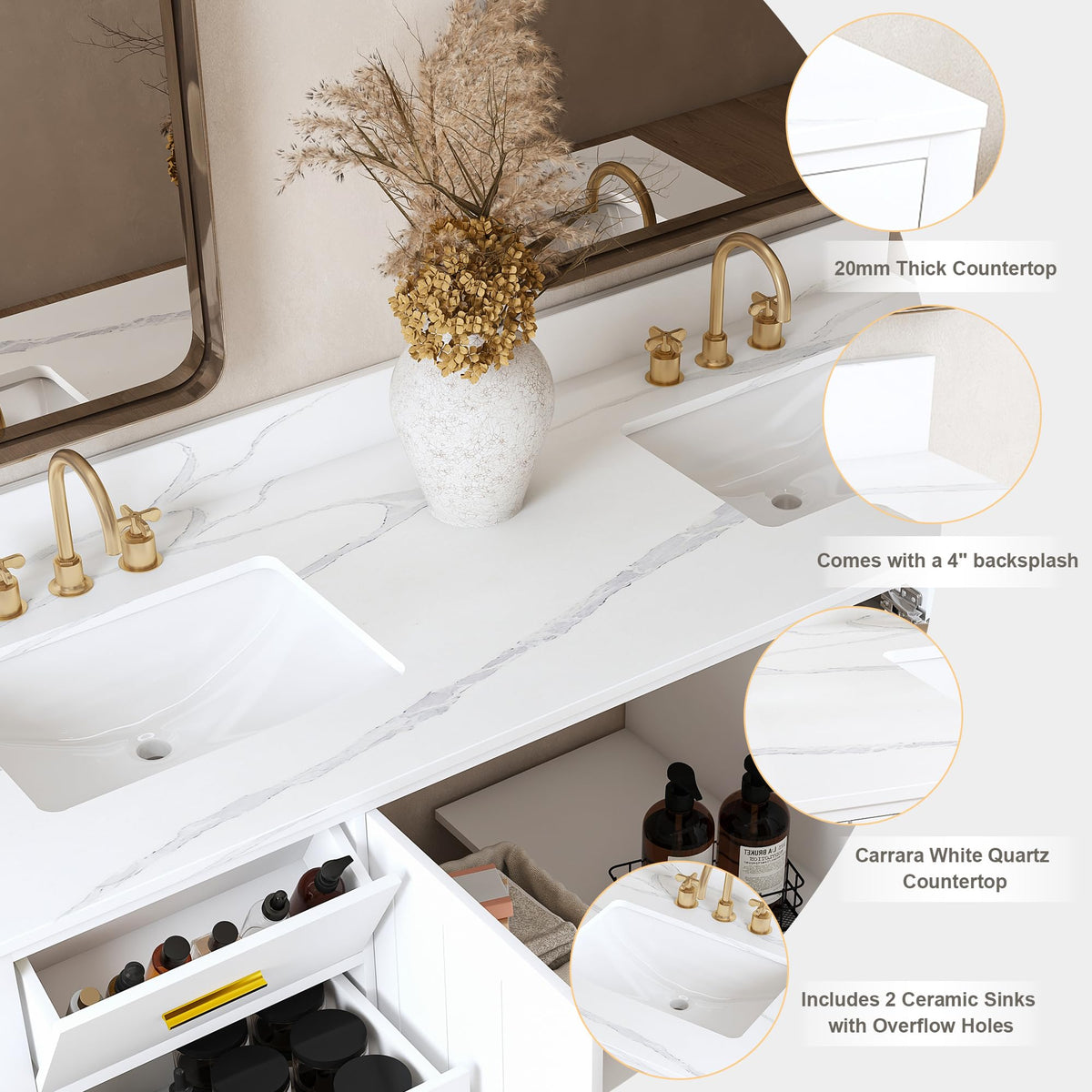 60" Bathroom Vanity Single Sink with 3 Hole, Sink Bathroom Vanity with Solid Wood Frame Storage,Soft Close Double Doors & 9 Sliding Drawers, with Gold Accents