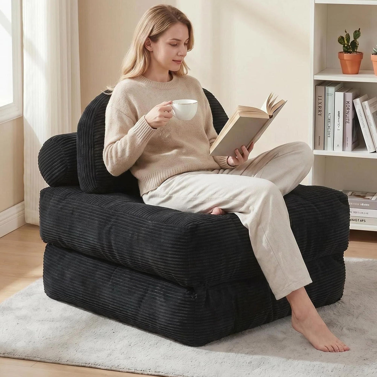Convertible Corduroy Floor Sofa, 3-in-1 Folding Lazy Sofa Bed with Adjustable Backrest, Soft Bean Bag Chair Lounger for Living Room, Bedroom, Guest Room, Oversized Sleeper Chair