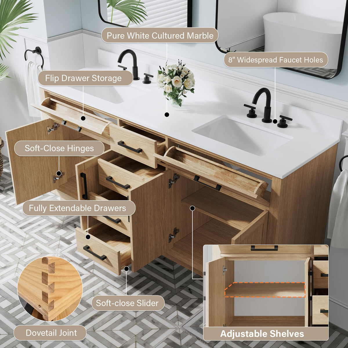 WELLFOR 36-Inch Bathroom Vanity with Sink W/ 2 Doors & 4 Drawers & 1 Flip Drawer,Navy Blue Vanity W/Matte Black Handles