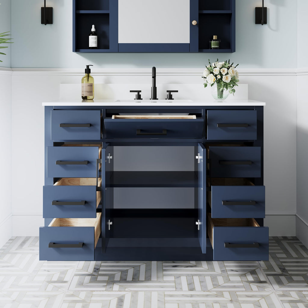 WELLFOR 36-Inch Bathroom Vanity with Sink W/ 2 Doors & 4 Drawers & 1 Flip Drawer,Navy Blue Vanity W/Matte Black Handles